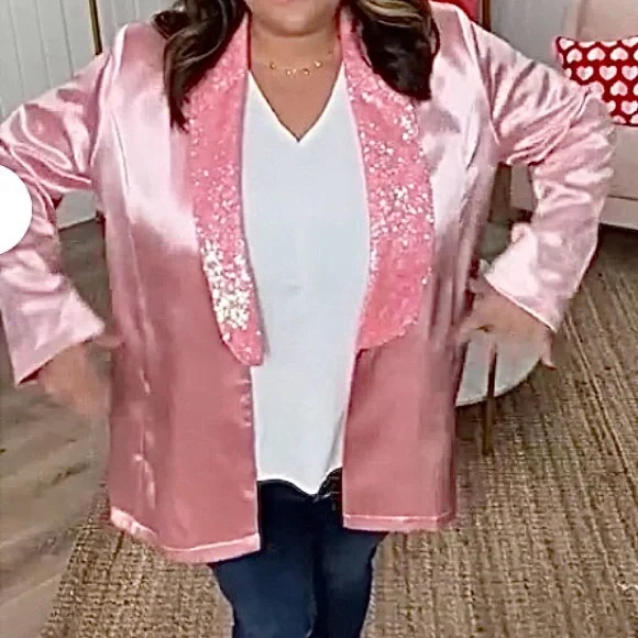 Blazer / Open Front Cardigan - Queen Bee Pink Satin & Sequin  Fantastic Fawn NWT - Picture 5 of 5